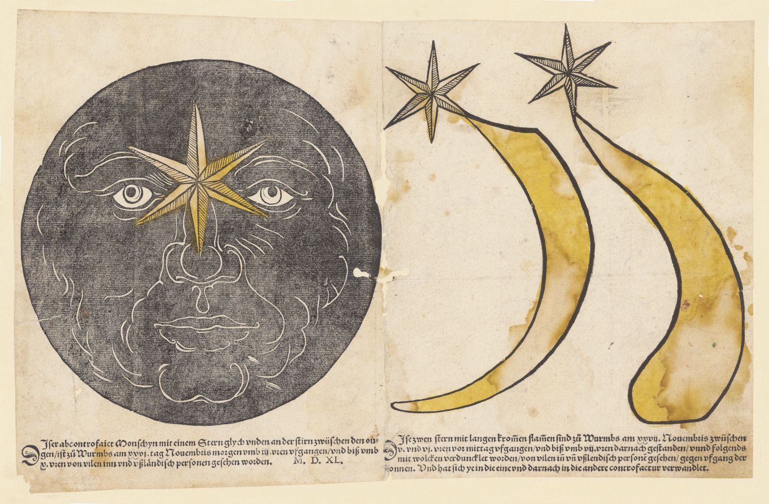 A vintage woodcut print featuring a moon with a face and a comet.