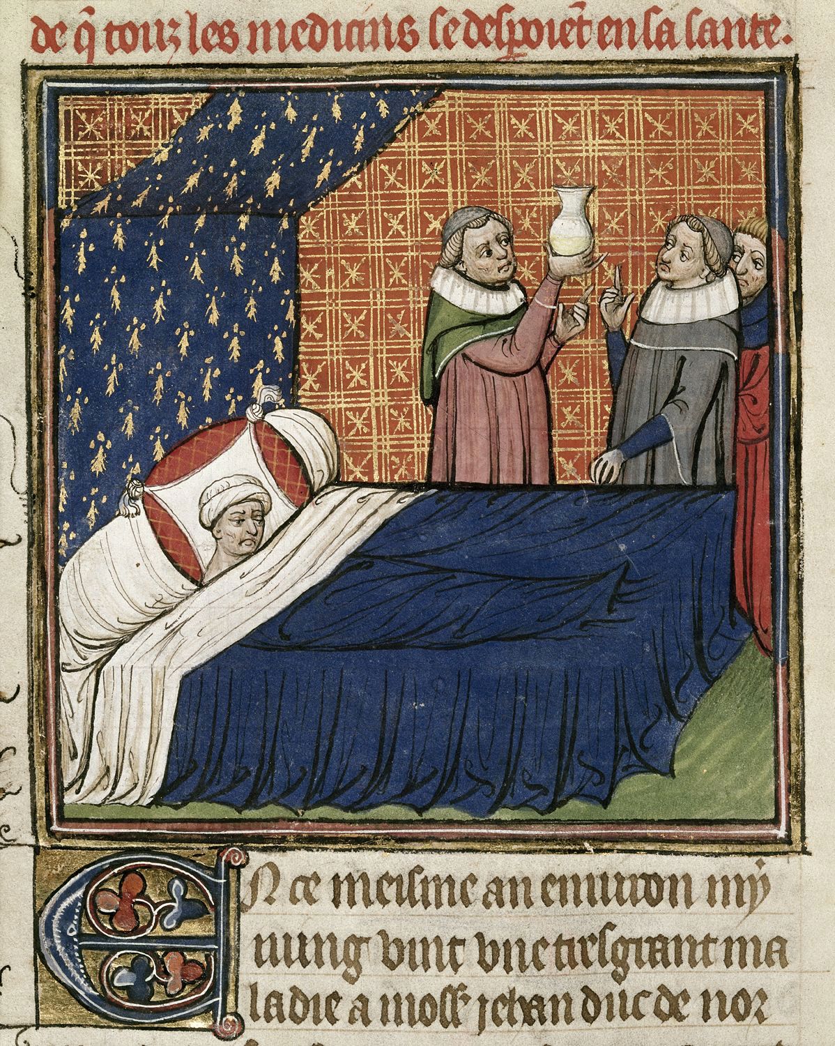 Medieval manuscript illumination depicting a sick person in bed attended by two figures.