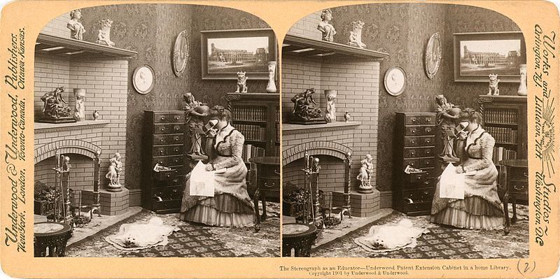 Stereoscopic photograph of a woman in a home library with a fireplace and bookshelves.