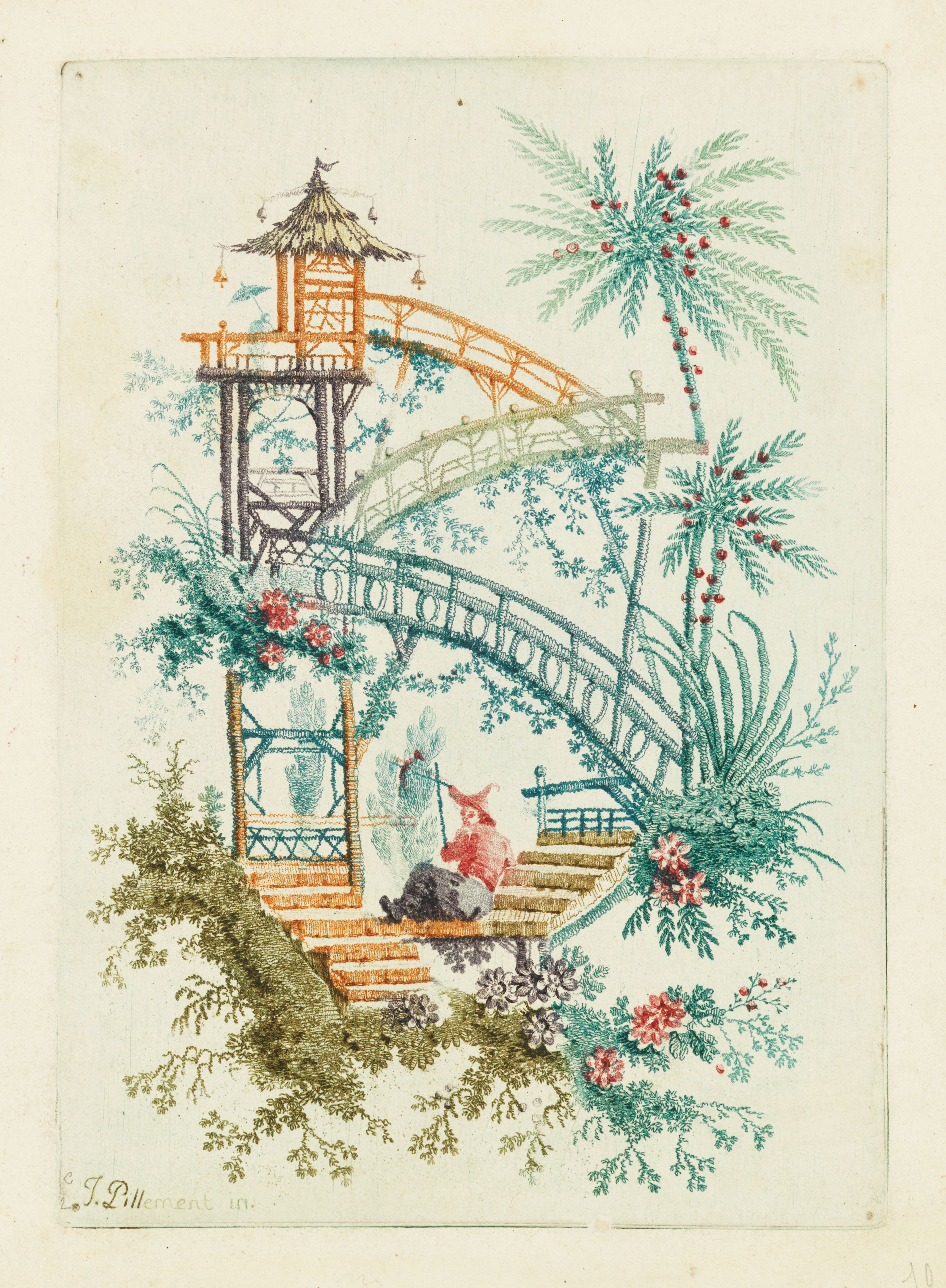 Vintage illustration of a Chinese garden with a pagoda, bridge, stairs, and a person with an animal.