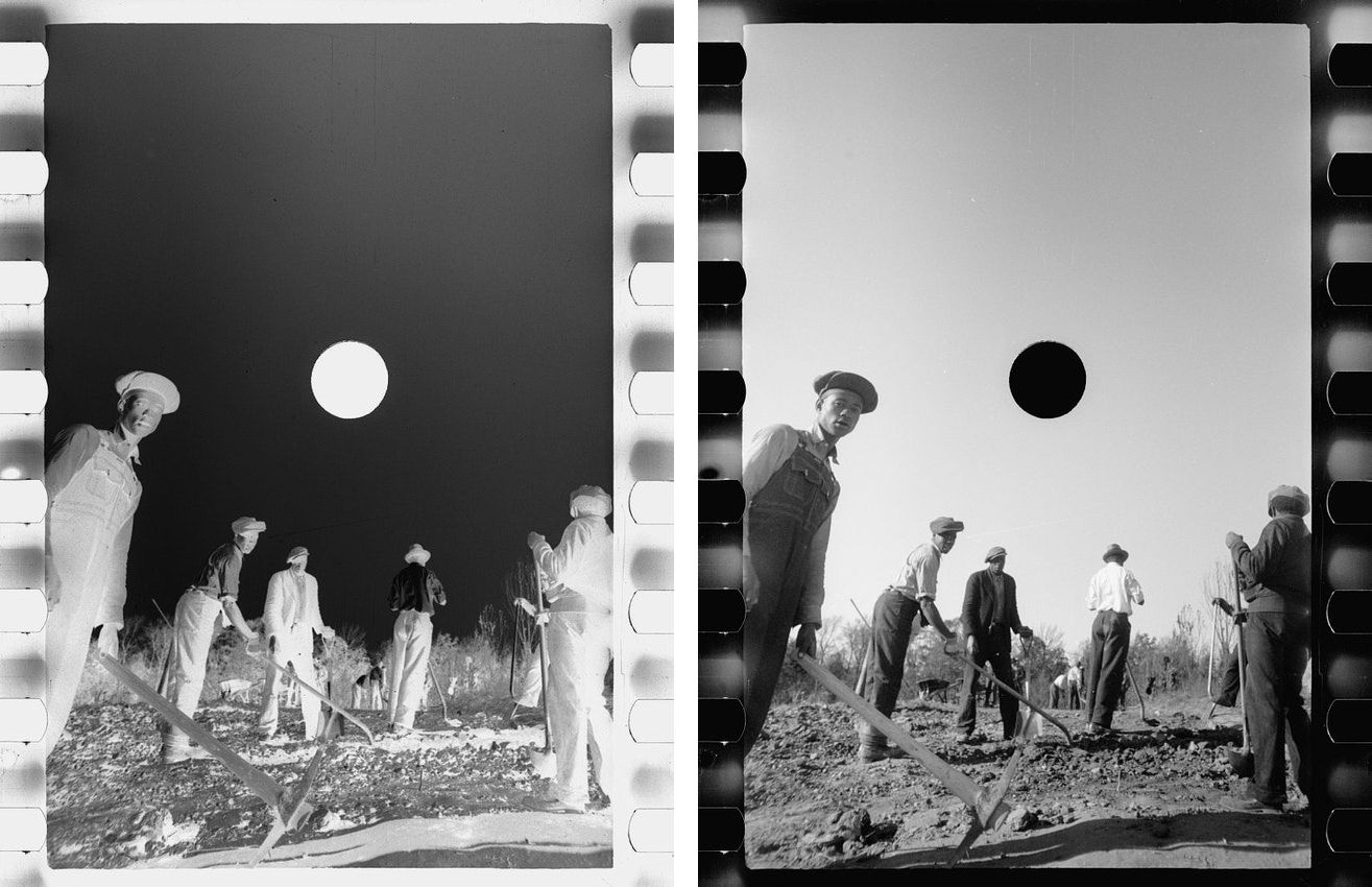 A diptych of black and white photographs showing a group of people working in a field under the moon and the sun.