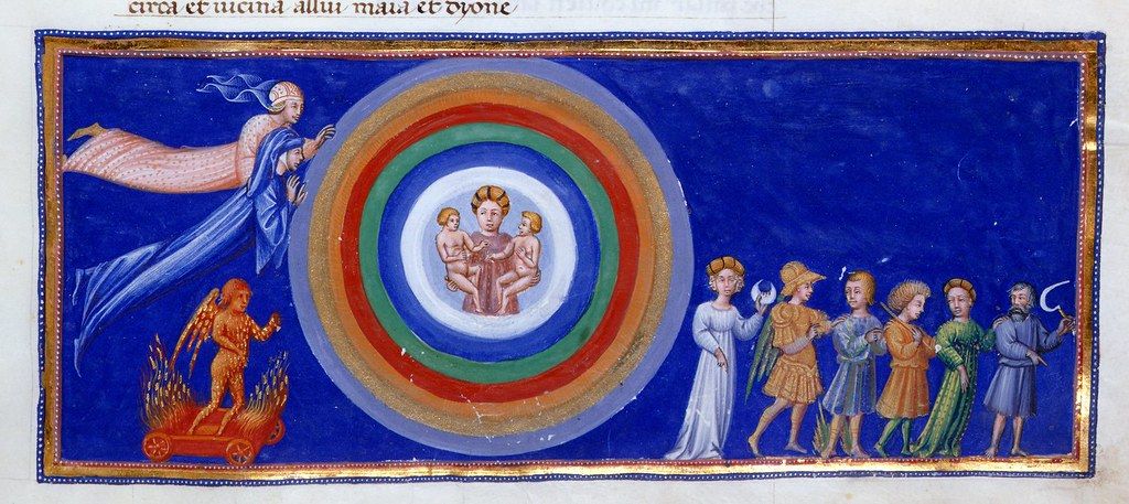 Medieval illustration of an angel descending towards a group of children surrounded by concentric circles, while a demon is tormented by fire on the left and a line of people observe the scene on the right.