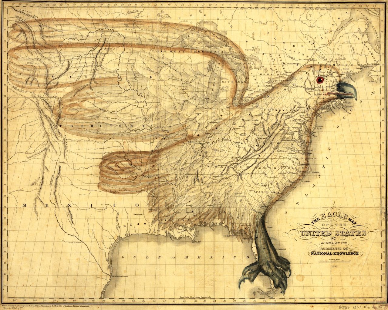 Vintage map of the United States shaped like an eagle.