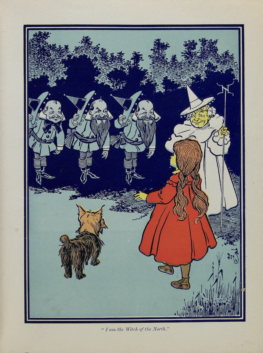 Vintage illustration of a girl and dog facing a witch and group of gnomes in a forest.