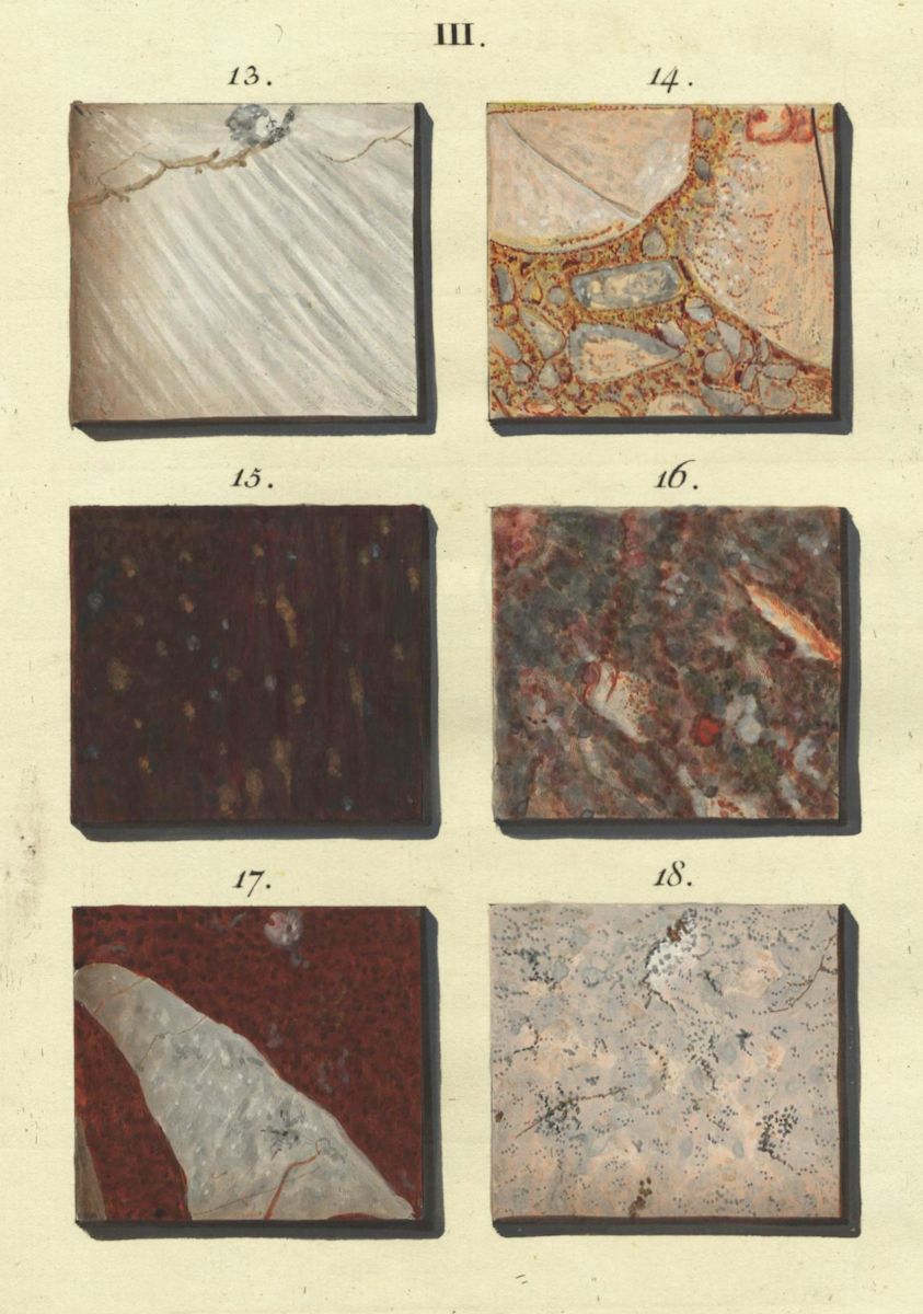 A plate from a scientific or historical publication showcasing six square illustrations of different stone or mineral samples, numbered 13 to 18.