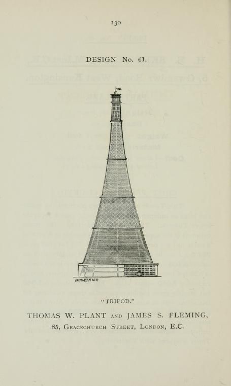 Vintage illustration of a tall, conical tower structure labeled 'TRIPOD' with text identifying the designers and their address.