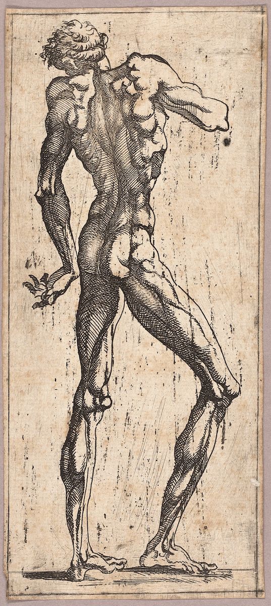 A black and white drawing of a muscular male figure with a crown of thorns, depicted from the back in a dynamic pose.