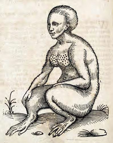 Vintage woodcut illustration of a crouching, humanoid figure with ape-like features.