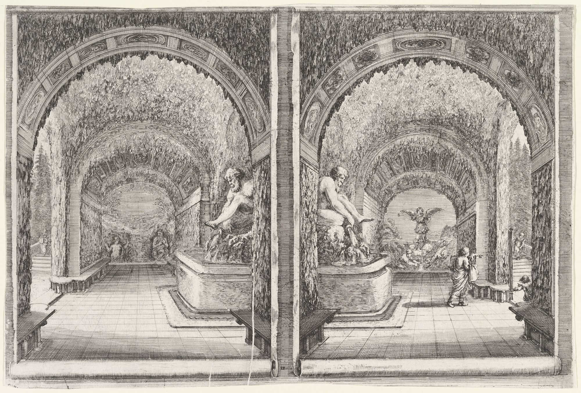 A black and white engraving depicting an interior space with a central fountain, arched ceilings, and small figures. The scene is presented in a diptych format, with two nearly identical panels side-by-side.