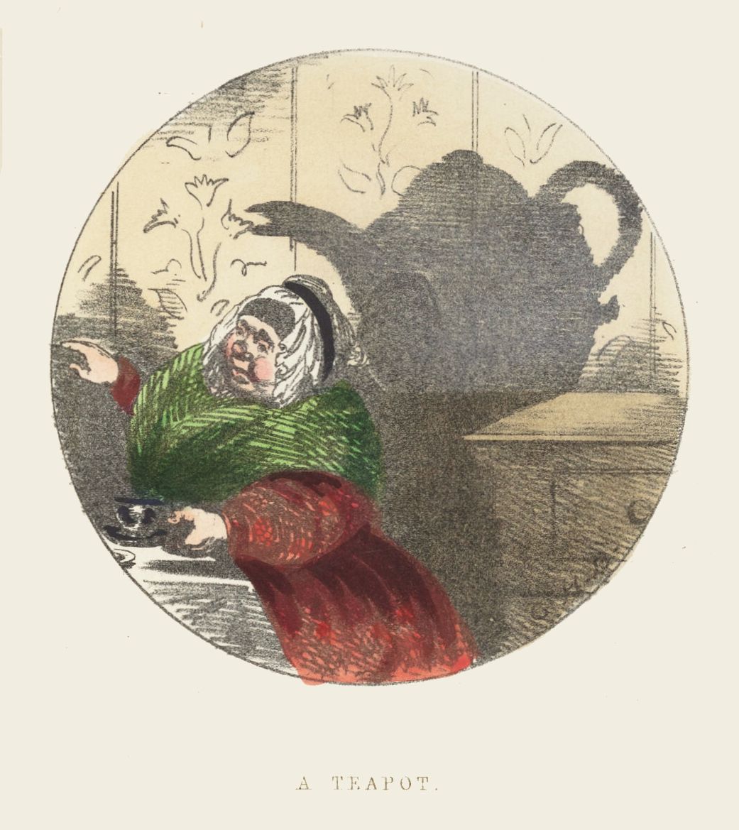 A vintage illustration of a person looking at a teapot-shaped shadow on a wall.