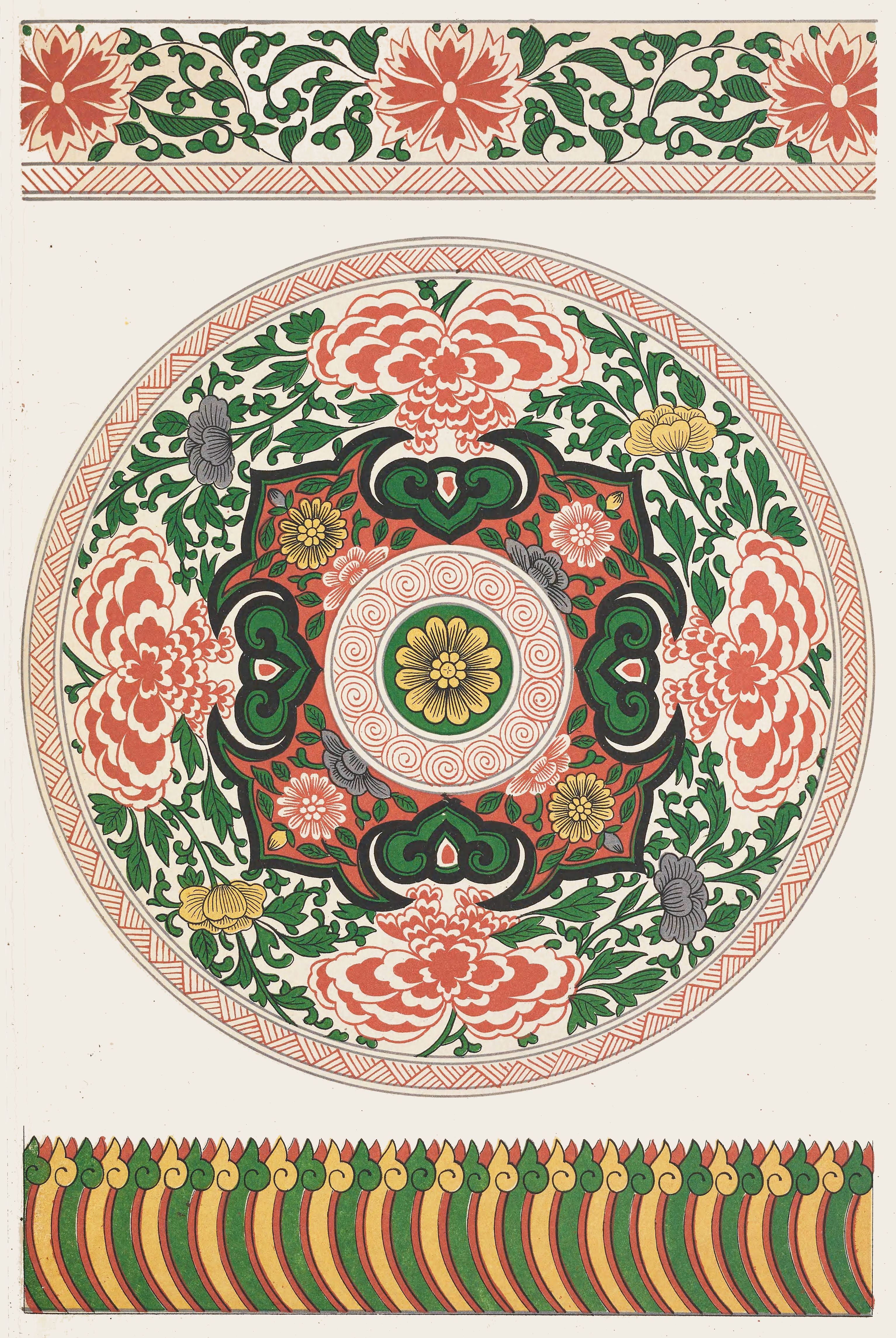 A vintage floral design featuring a circular centerpiece with red, yellow, and green flowers and a repeating border of vertical stripes.
