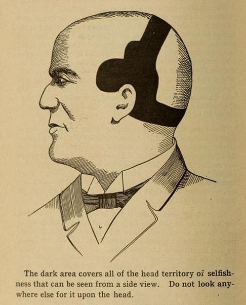 Vintage illustration of a bald man in profile with a dark, abstract shape covering part of his head, accompanied by text about selfishness.