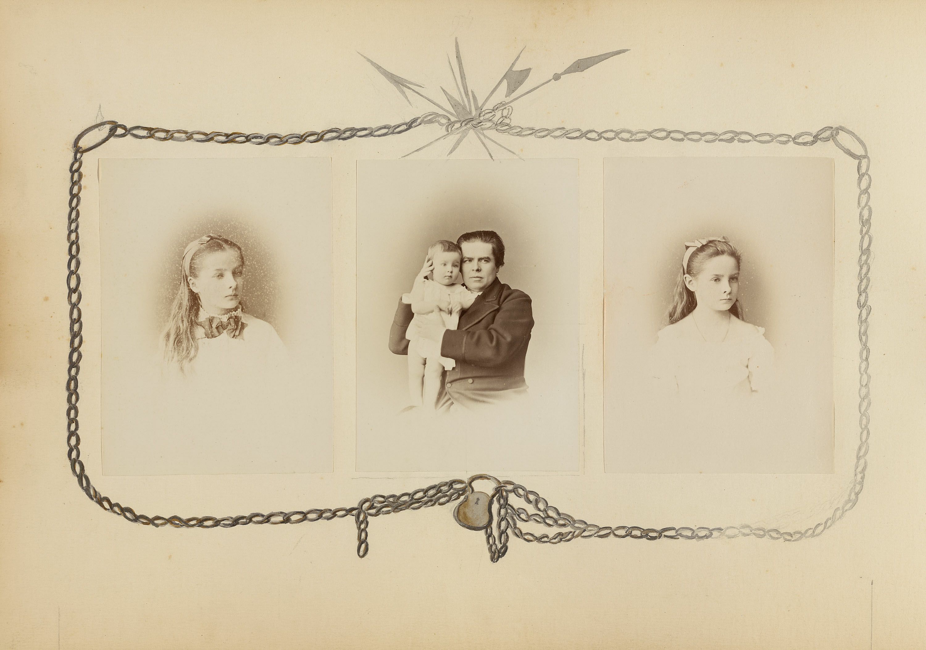 A vintage sepia-toned photograph featuring a family portrait framed by a decorative chain.