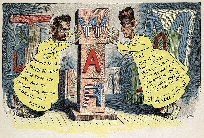 Political cartoon depicting Joseph Pulitzer and William Randolph Hearst pushing on a large letter 'A' with American flags on it, with speech bubbles containing their boastful statements about the Spanish-American War.