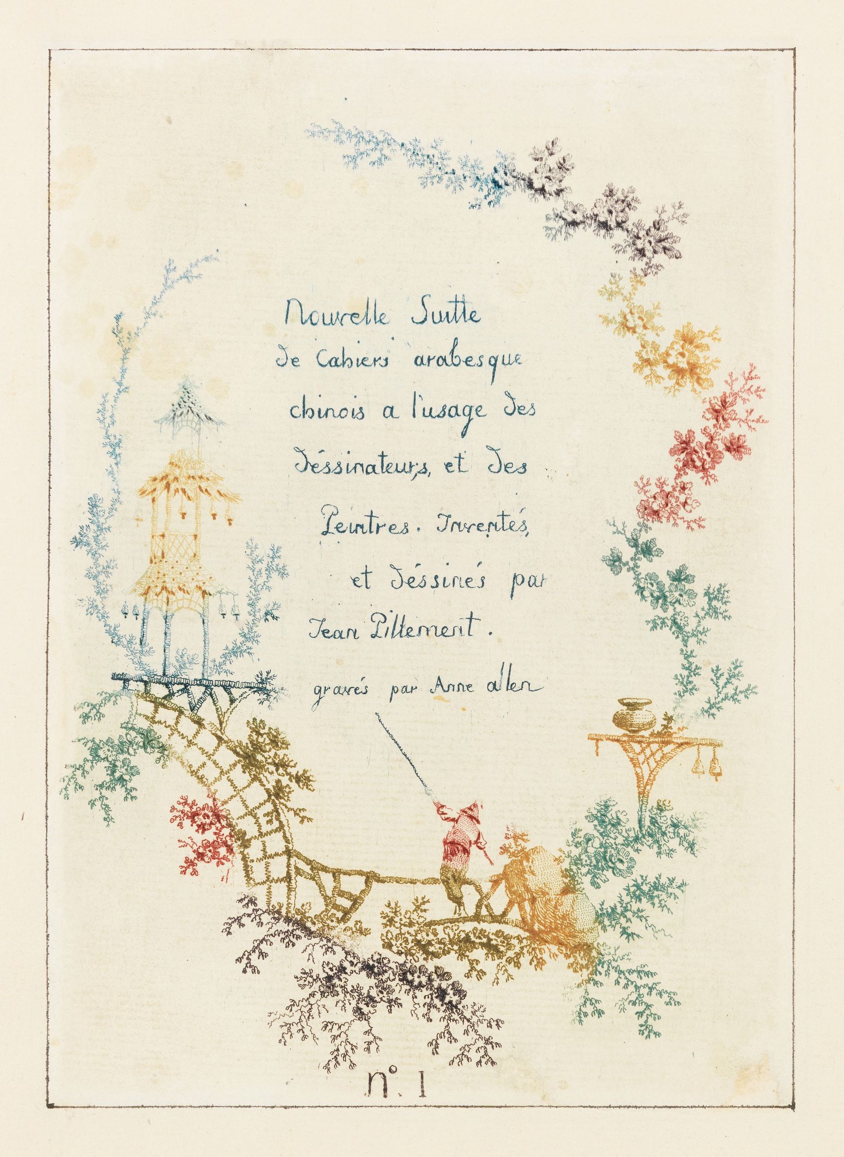 A vintage hand-colored engraving of an intricate arabesque design with floral ornaments, figures, and handwritten French text.