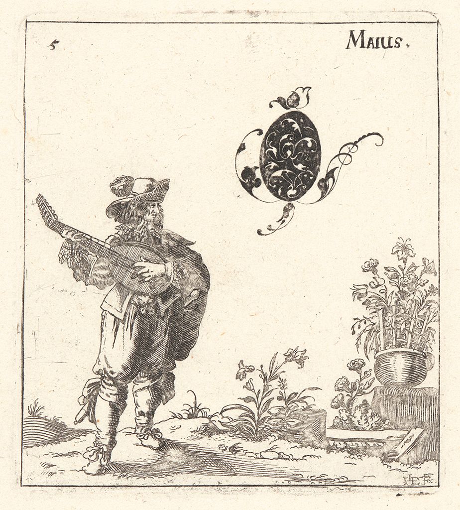 A black and white engraving of a musician playing a guitar, with a potted plant and the letter 'M' decorated with floral ornamentation.