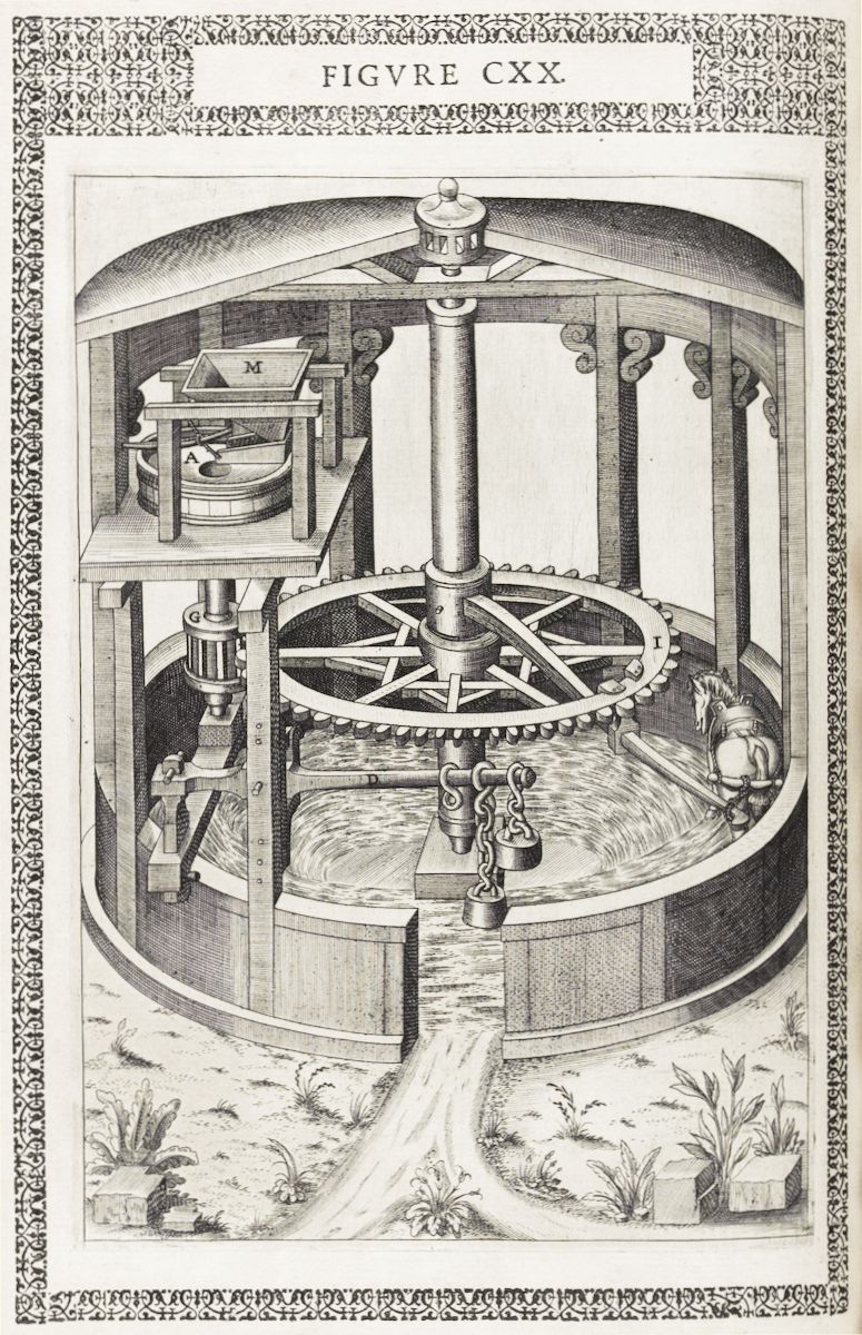A detailed engraving of a complex mechanical device, likely a water wheel or similar machine, with ornate borders and intricate lines.