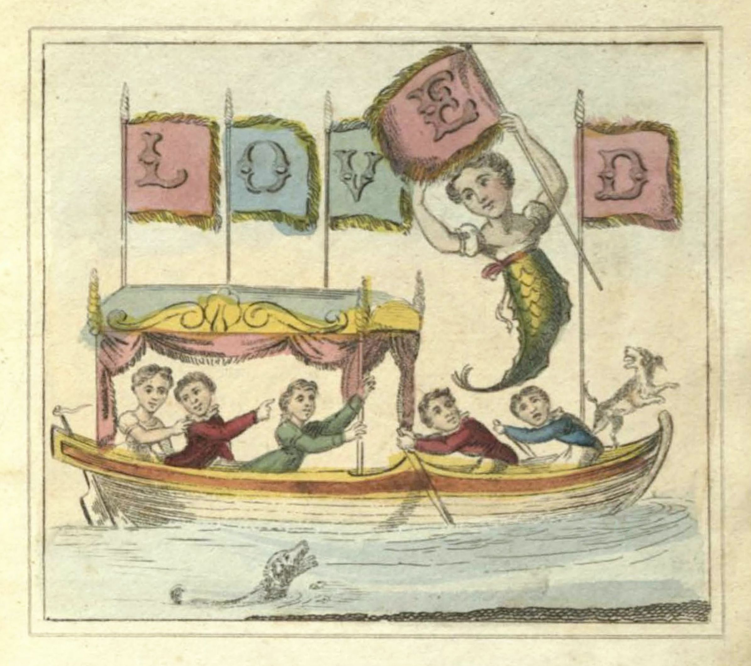 Vintage illustration of a boat filled with children, a mermaid suspended above them, and seals in the water.