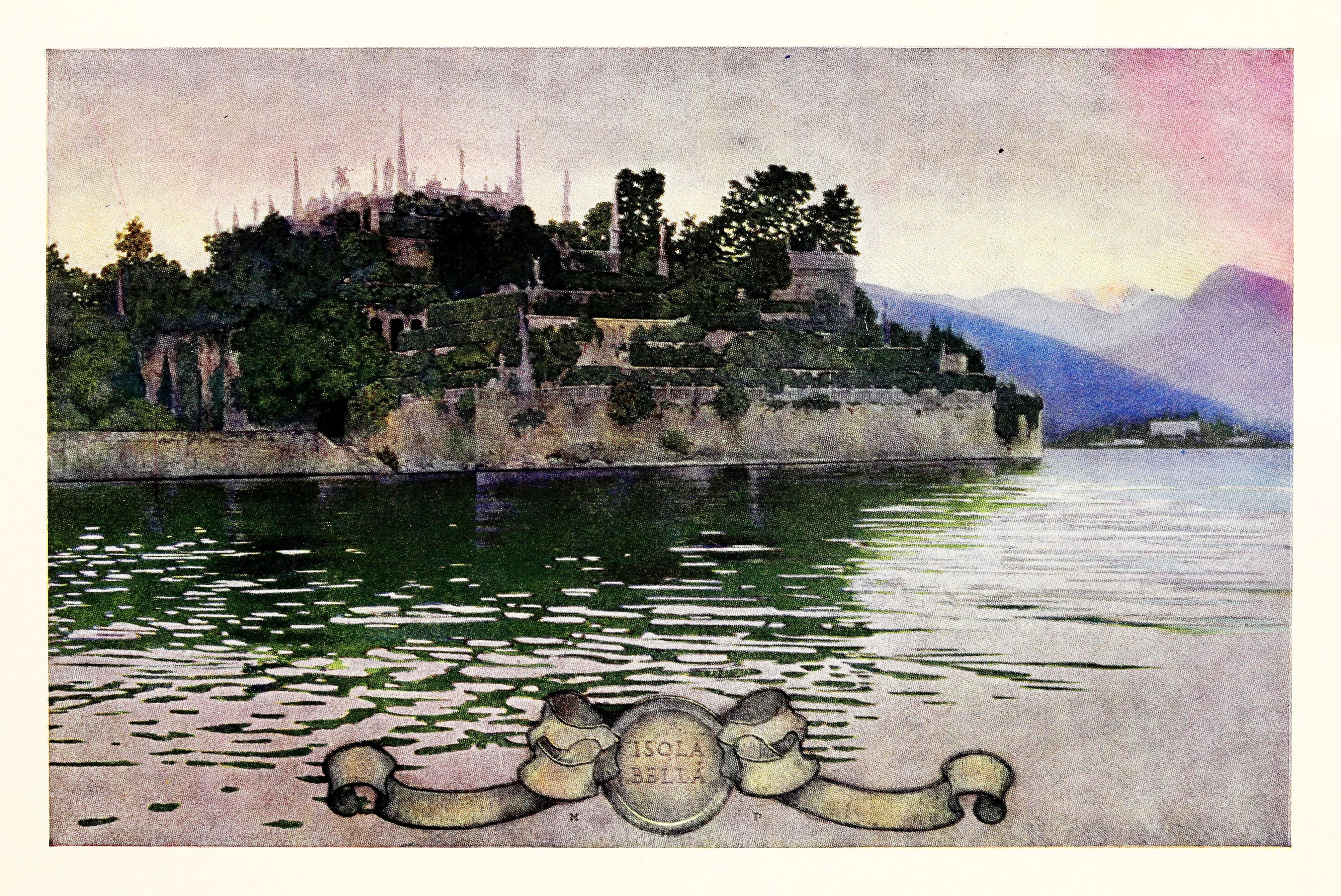 Vintage postcard of Isola Bella, an island in Lake Maggiore, Italy, featuring a terraced garden, Baroque palace, and shimmering water.