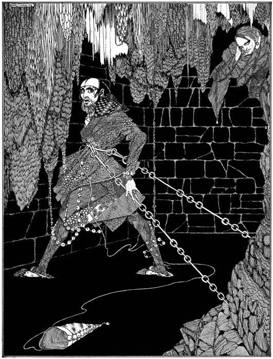 A black and white illustration of a man pulling a chain in a dark, cavernous space.