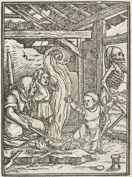 A black and white woodcut image depicting a grim scene with a skeleton reaching towards a baby, a woman stirring a pot over a fire, and a simple wooden structure.