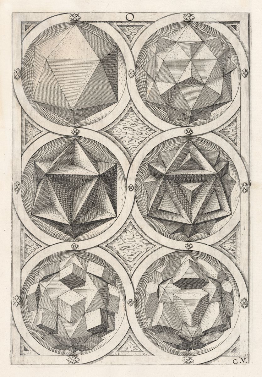 A black and white engraving of six circular designs, each containing a complex, faceted geometric shape resembling a crystal or gemstone.