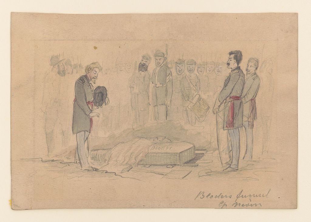 A sepia-toned drawing of a funeral scene with people gathered around an open grave.