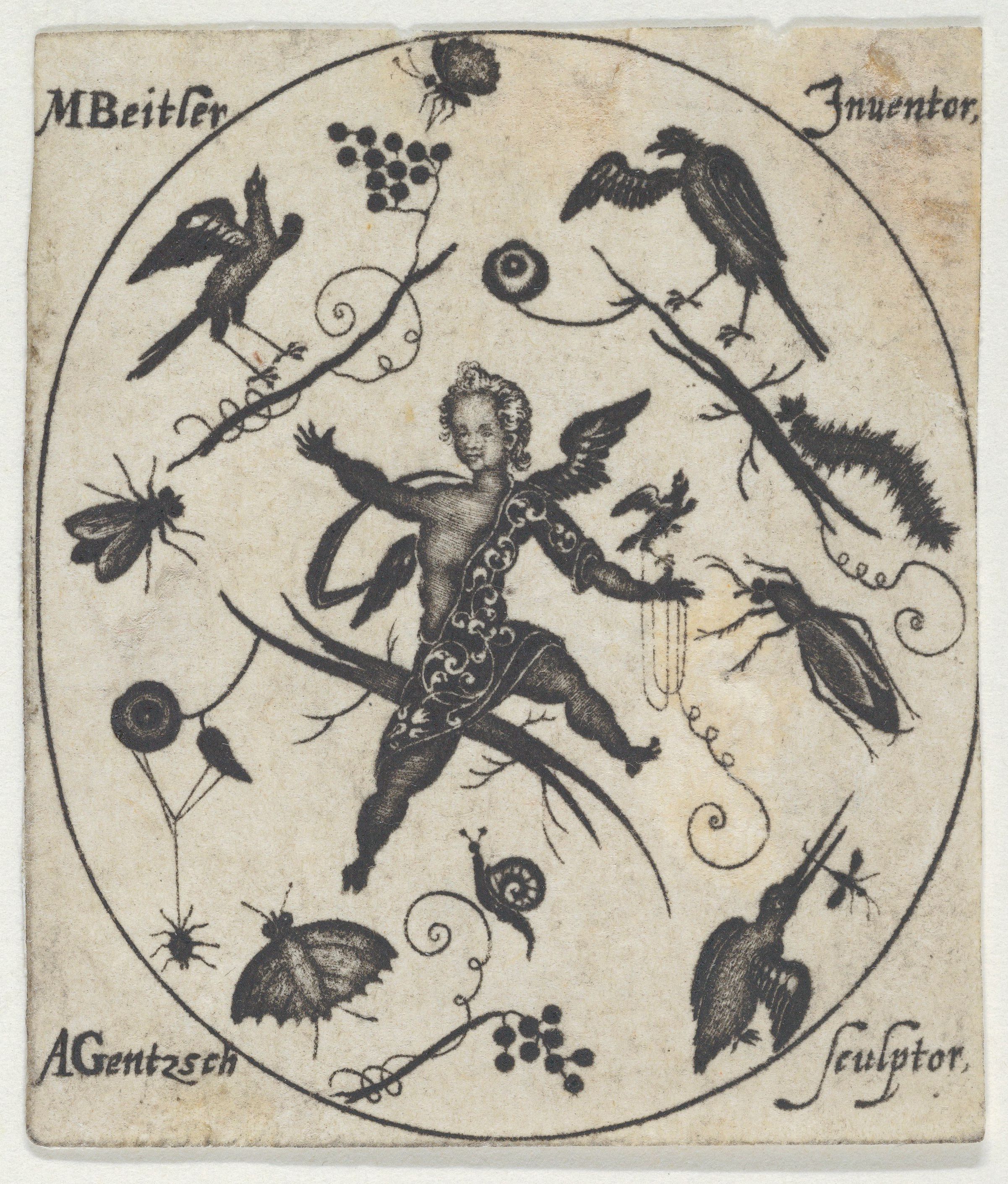 A black and white engraving depicting a satyr-like figure surrounded by insects, birds, and plants within a circular frame. The text 'MBeitler Inventor' and 'AGentzsch Sculptor' are inscribed around the frame.
