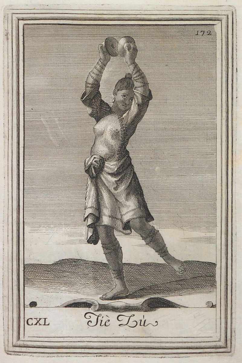 Vintage engraving of a person in a dynamic pose, holding a sphere above their head, with a landscape background and decorative text.