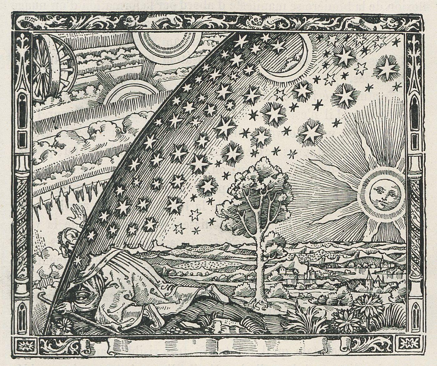 A black and white woodcut illustration depicting a starry sky, a crescent moon, a sun with a face, a tree, buildings, mountains, and a human figure lying in the foreground.