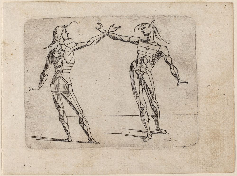 A black and white drawing of two slender, muscular figures facing each other in dynamic poses, with one arm extended towards the other.