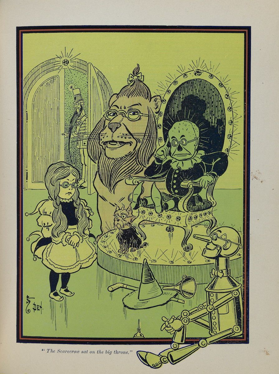 Vintage illustration of Dorothy, the Cowardly Lion, the Scarecrow, and the Tin Woodman in a throne room.