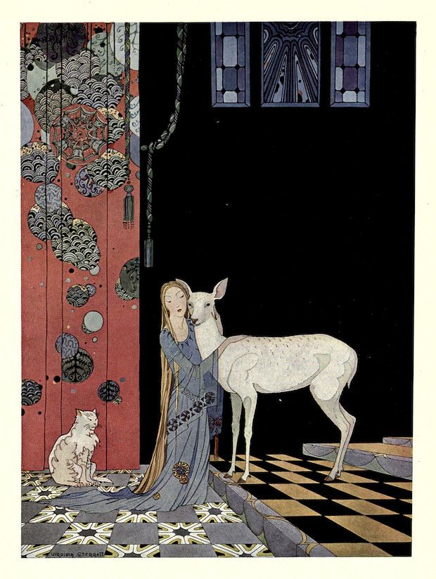 A vintage illustration of a woman gently touching a white deer in a room with ornate wallpaper and a patterned floor. A white cat sits nearby.