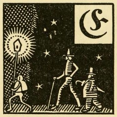 A black and white woodcut illustration of three figures walking across a starry night, one carrying a lantern. A square in the upper right corner contains a crescent moon with a stylized 'S' inside.