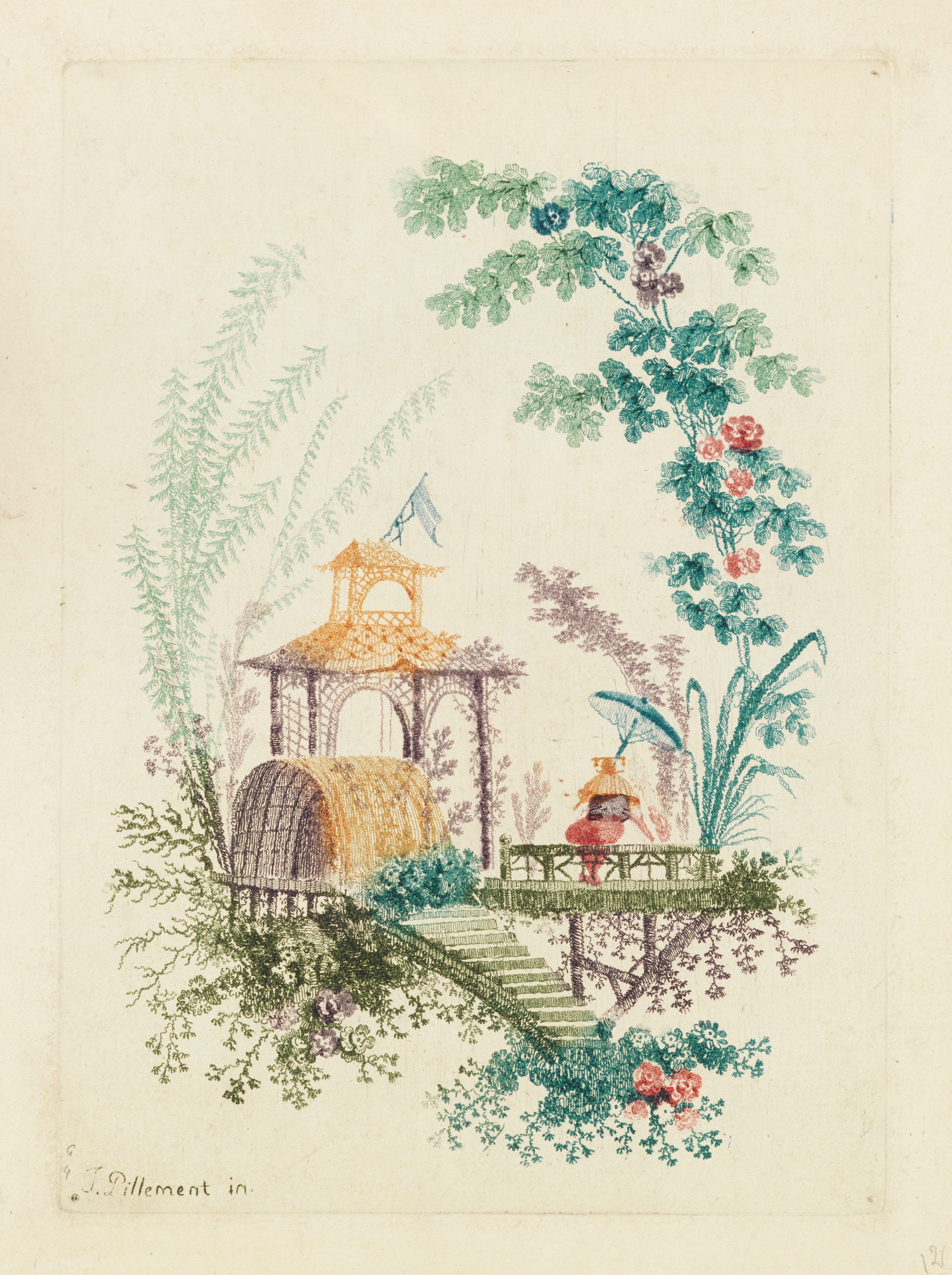 Vintage illustration of a garden with a gazebo and a person seated on a bench.
