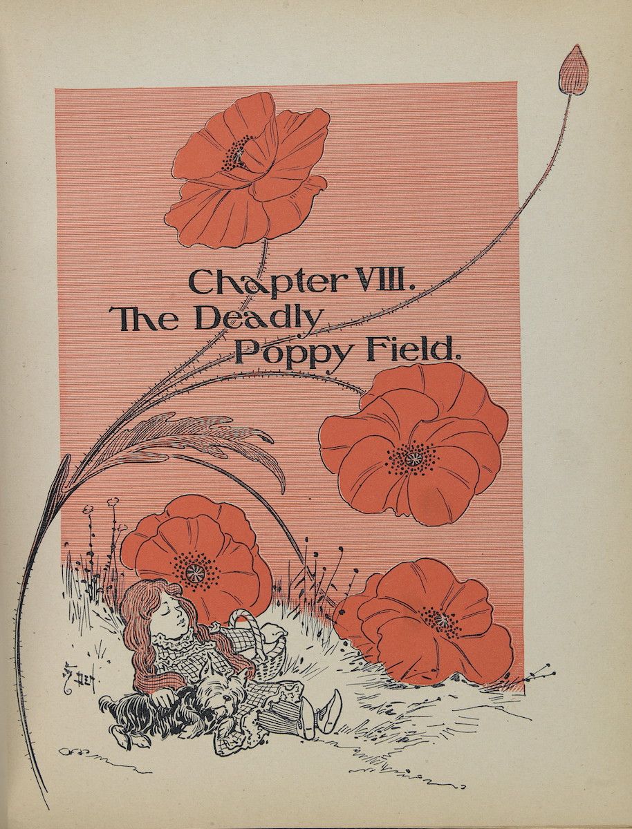 Vintage illustration of a girl lying in a field of poppies, with the chapter heading "Chapter VIII. The Deadly Poppy Field."