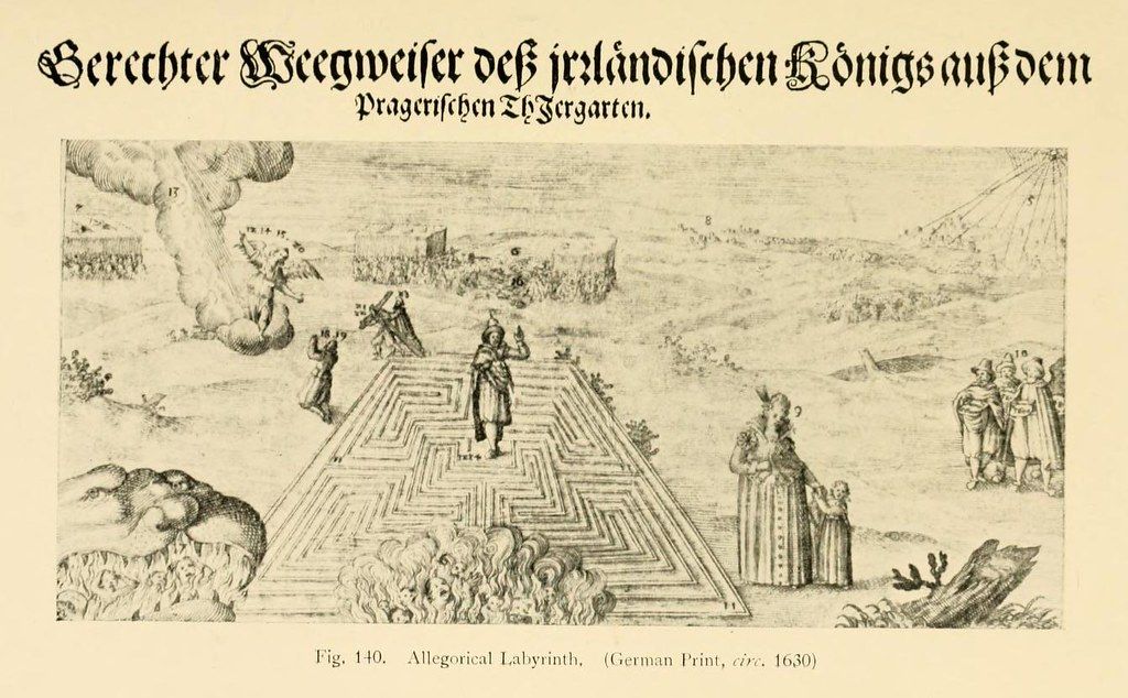 A vintage German print from around 1630 depicting an allegorical labyrinth with figures navigating it in a landscape setting.