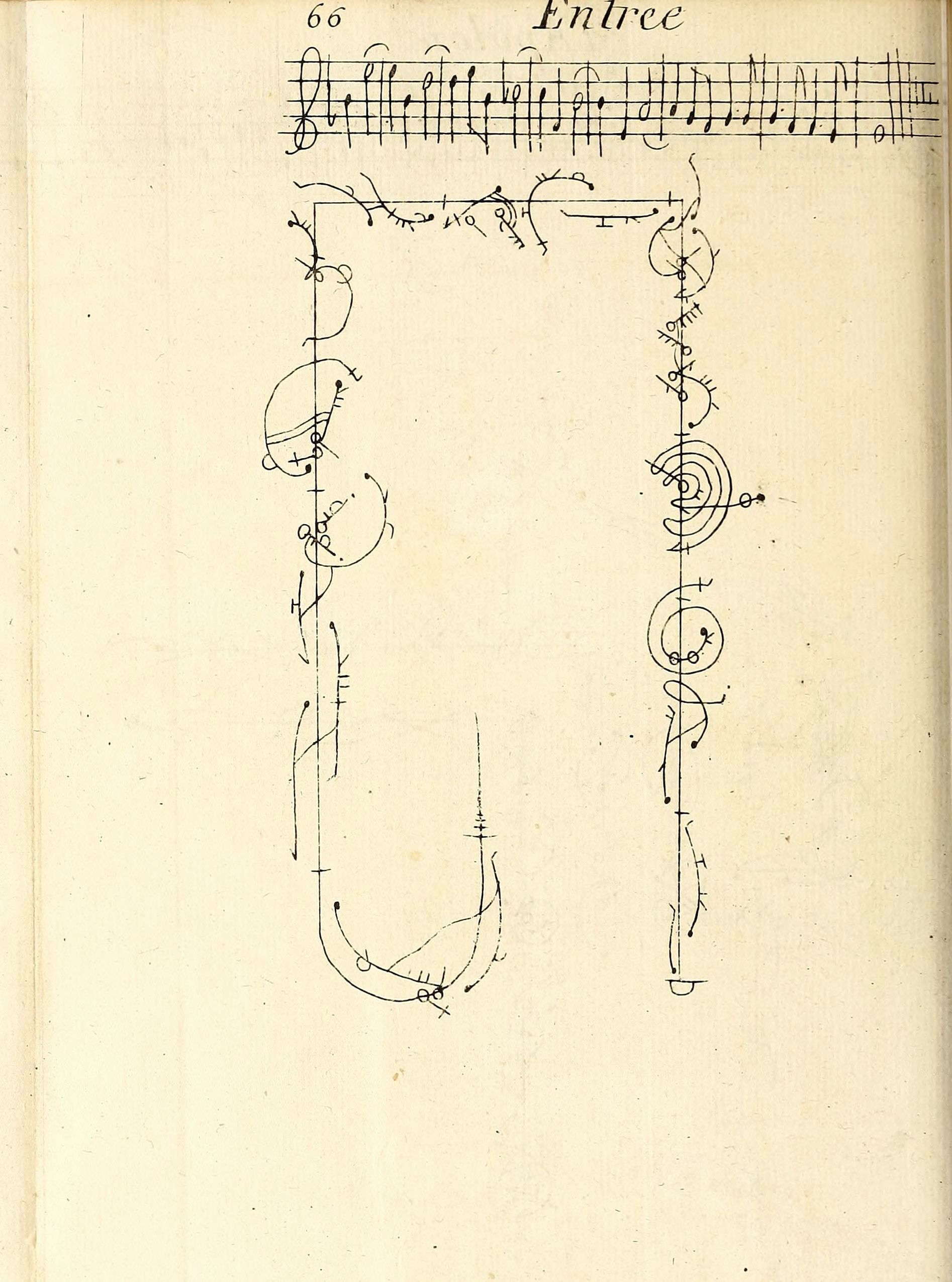 A vintage page with a musical score at the top and a complex diagram filling the majority of the space.