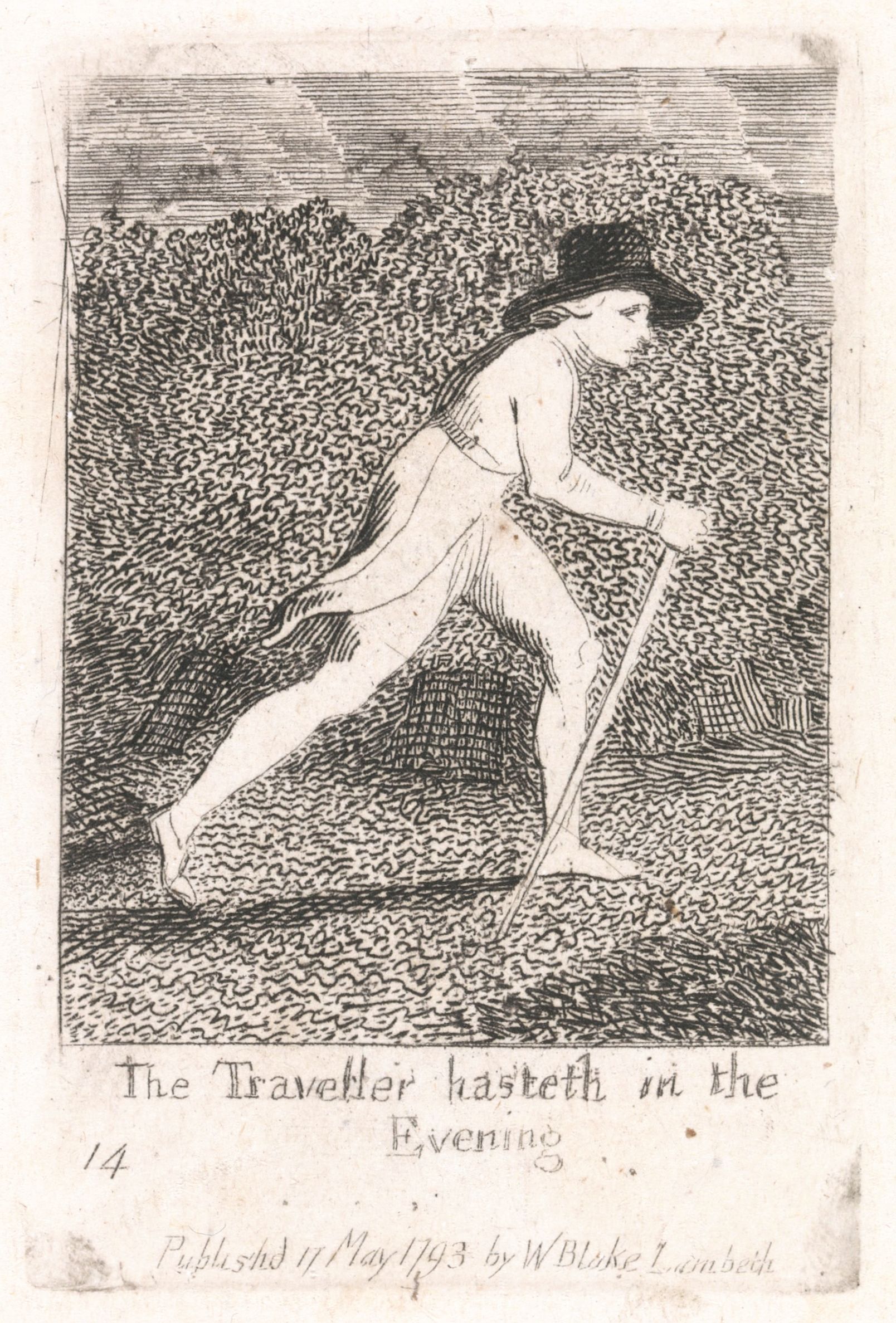 A black and white engraving of a person hurrying through a landscape, with text below indicating the title and publication details.