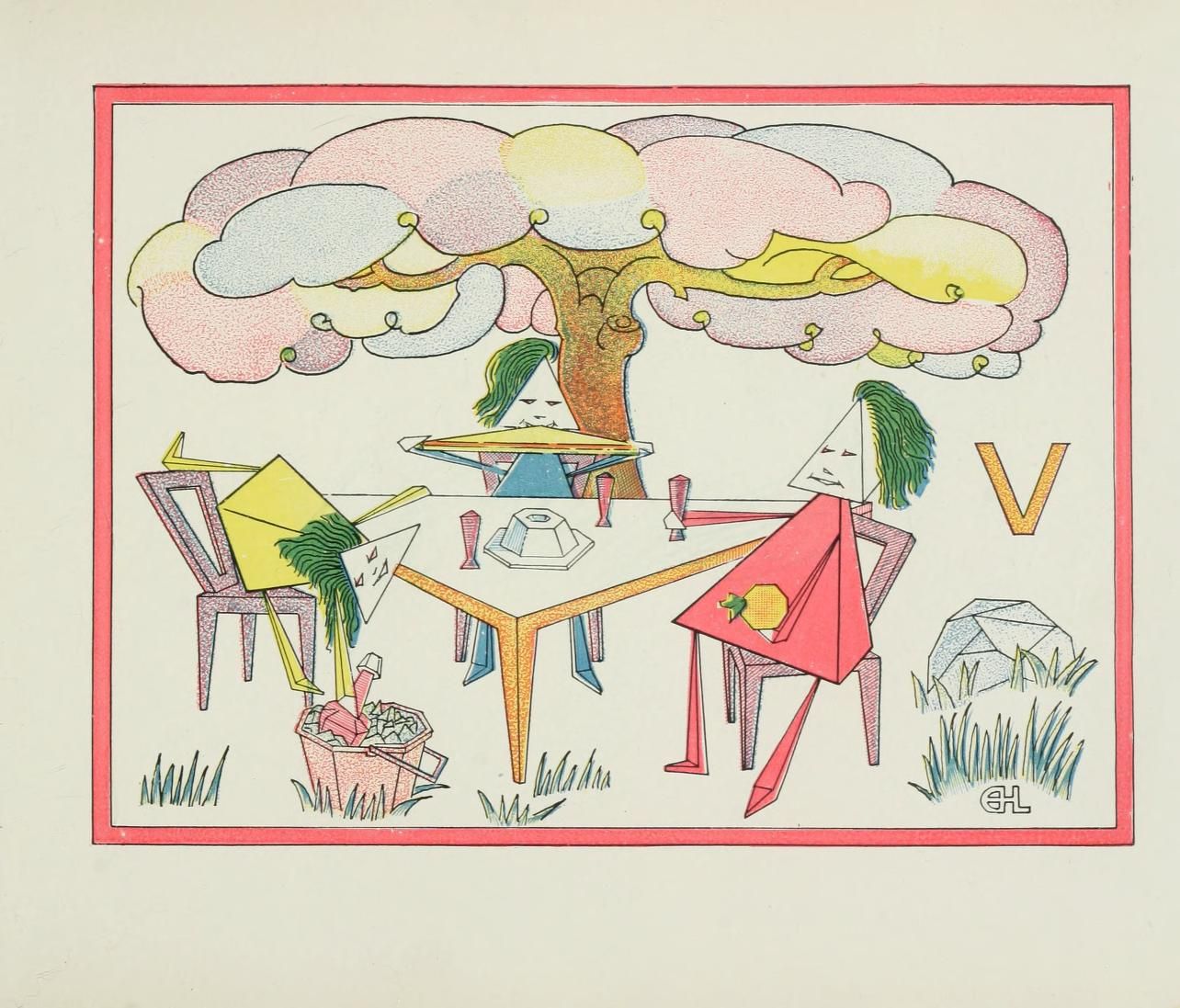 A whimsical illustration of abstract figures gathered around a table under a stylized tree, rendered in a flat, graphic style with a limited color palette.