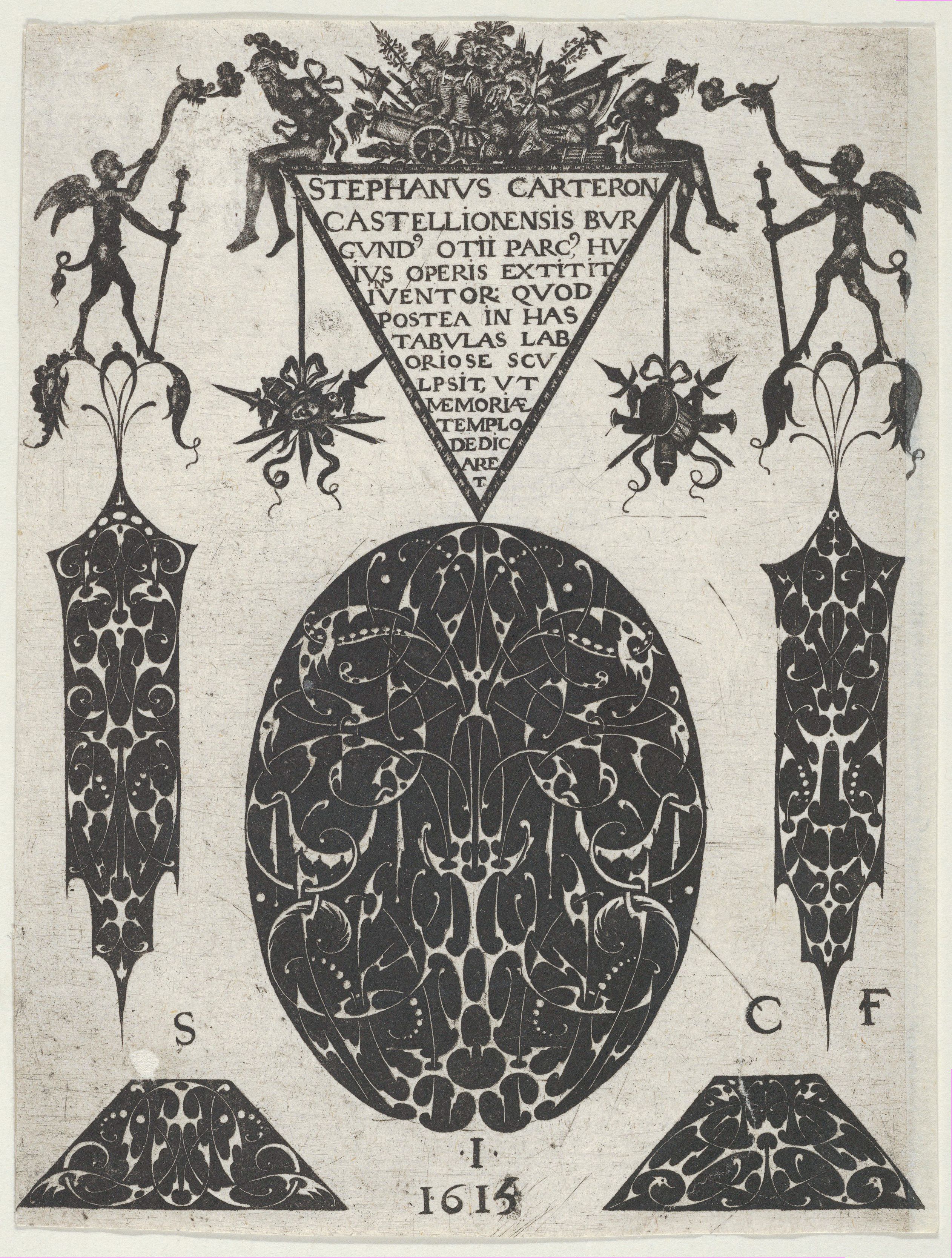 A detailed black and white engraving of an ornate egg-shaped design with Latin text, floral motifs, and the date 1614.