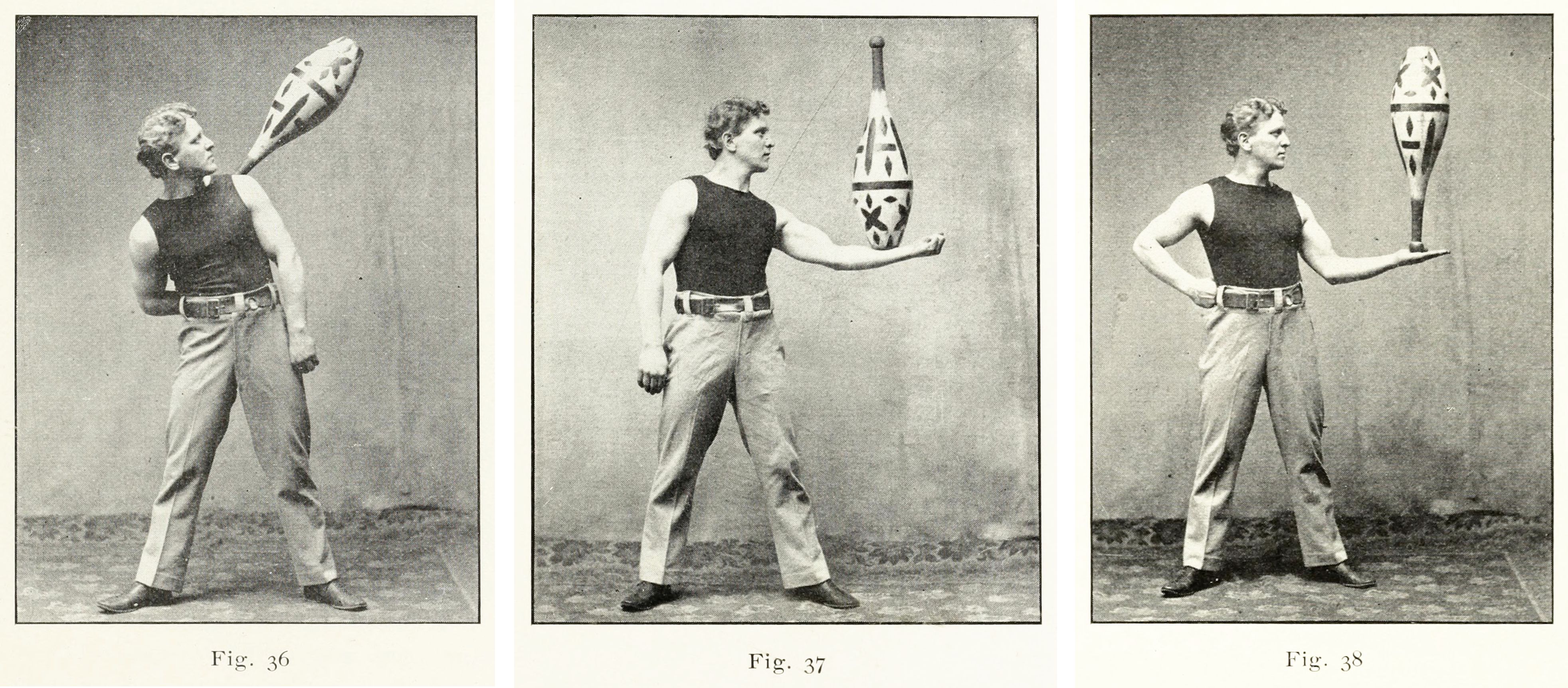 Three black and white photographs of a muscular man demonstrating weightlifting poses.