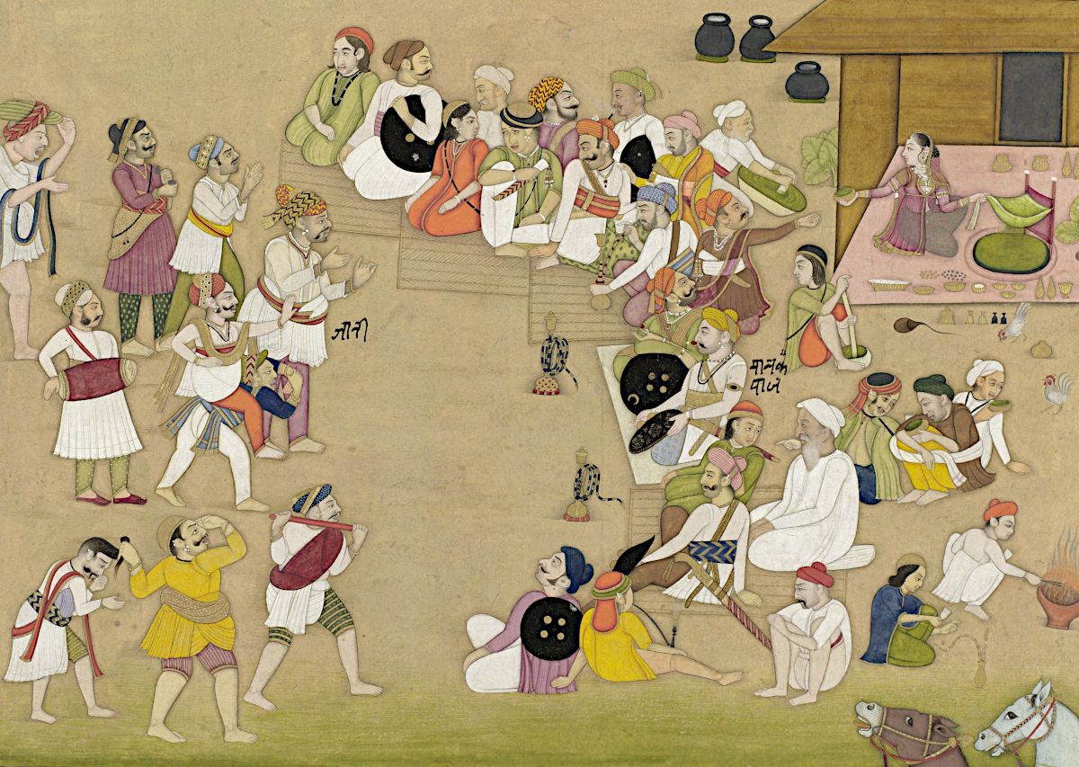A detailed, colorful painting depicting a bustling scene with numerous figures engaged in various activities.