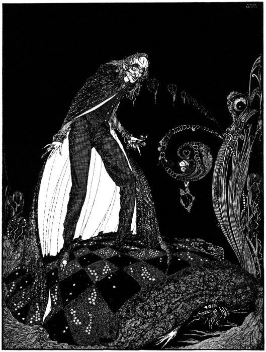 A black and white illustration of a gaunt figure standing on a textured ground, with a stylized plant reaching out towards it.