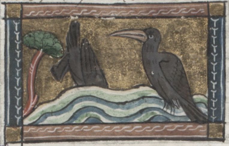 Medieval illustration of two black birds on a small island surrounded by water, with a tree and a decorative border.