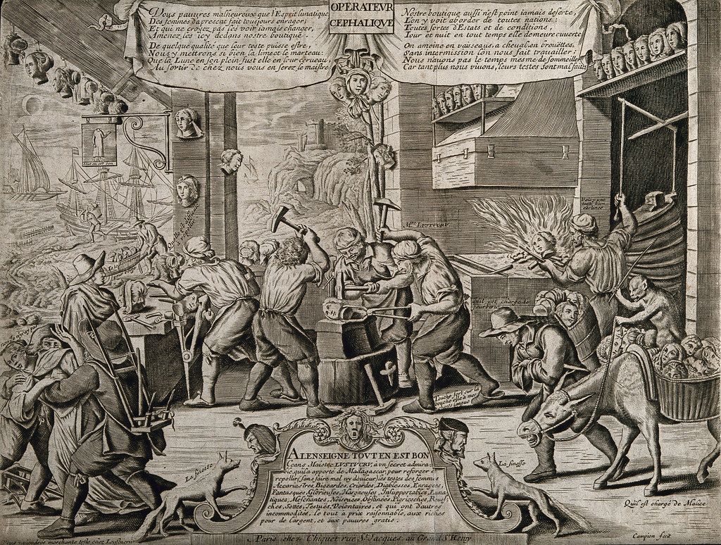 A detailed black and white engraving depicting a bustling street scene in a historical European city.