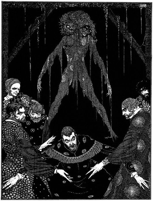 A black and white illustration depicting a group of people gathered around a table, seemingly terrified by a monstrous figure suspended above them. The style is reminiscent of woodcut or engraving, with heavy lines and stark contrasts.