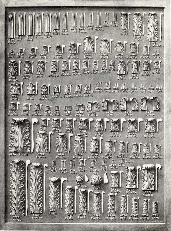 A black and white illustration of a grid of ornate column capitals, each labeled with a number and dimensions.