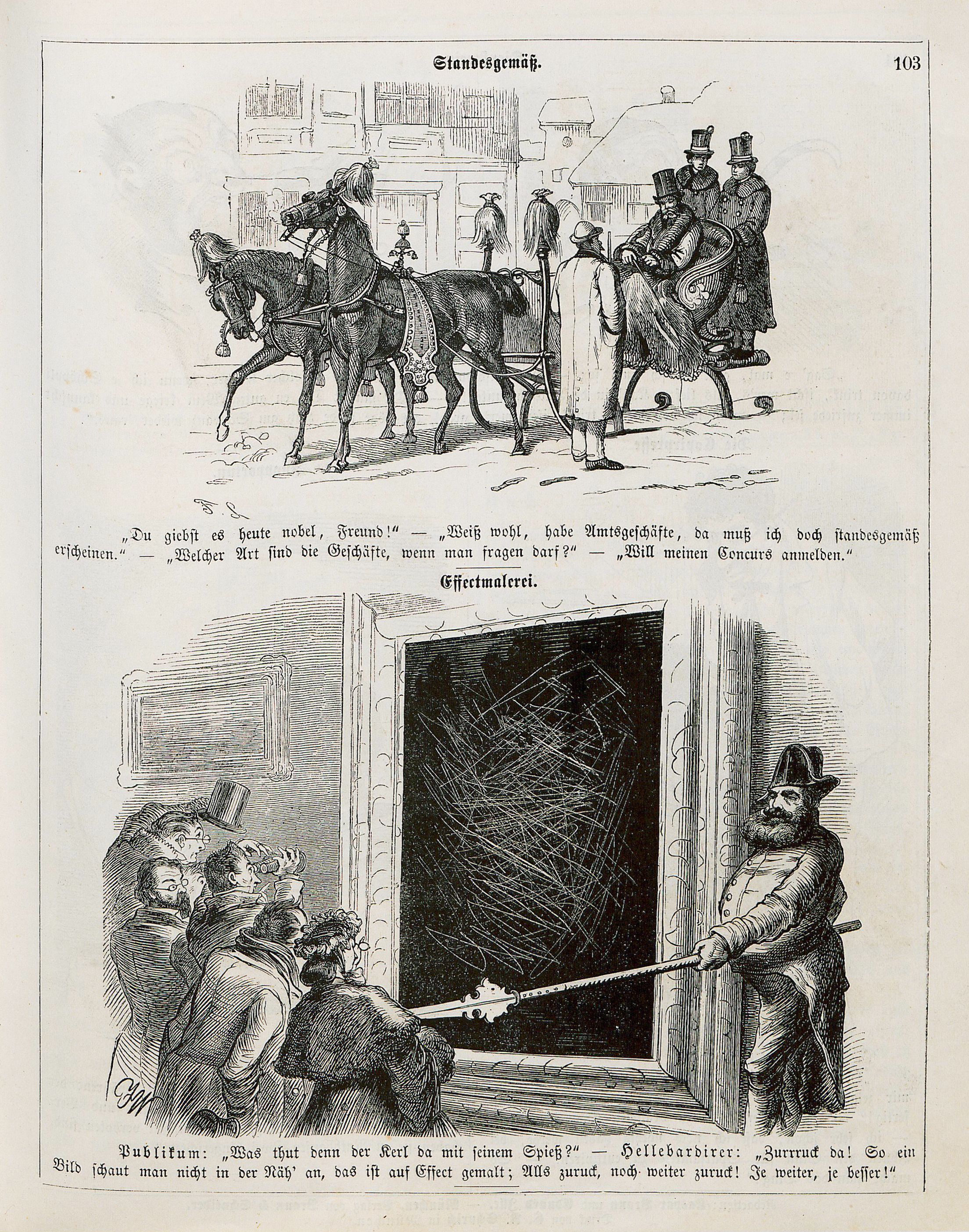 Vintage black and white illustration of a horse-drawn carriage procession and a theatrical performance.