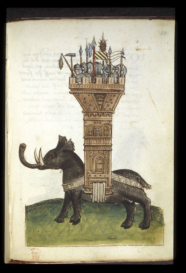 Vintage illustration of an armored elephant standing next to a tower with soldiers on top.
